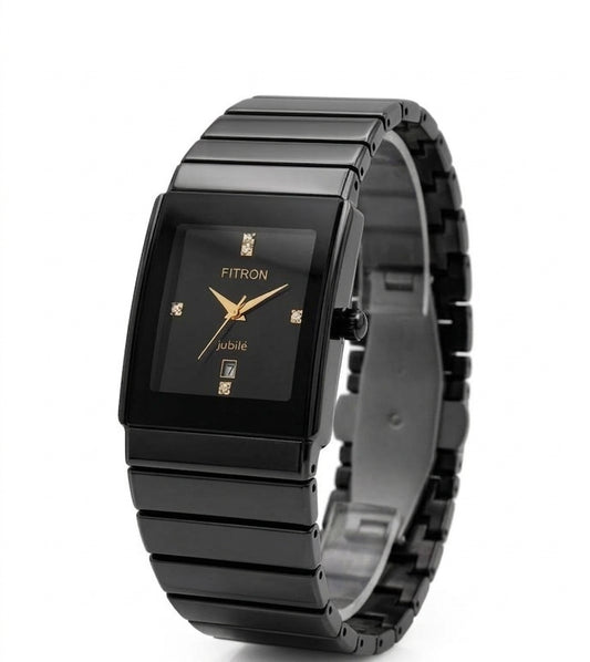 FITRON Black Ceramic Jubilé Men's Watch – Diamond Studded Dial, Gold Accents