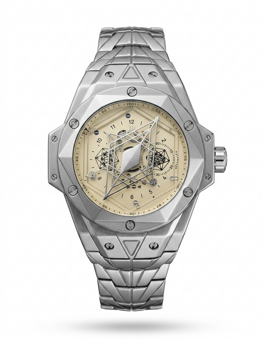 The Sacred Geometry Luxury Sport Chrono – Brushed Silver Stainless Steel Octagonal Watch with Intricate Engraved Cream Dial