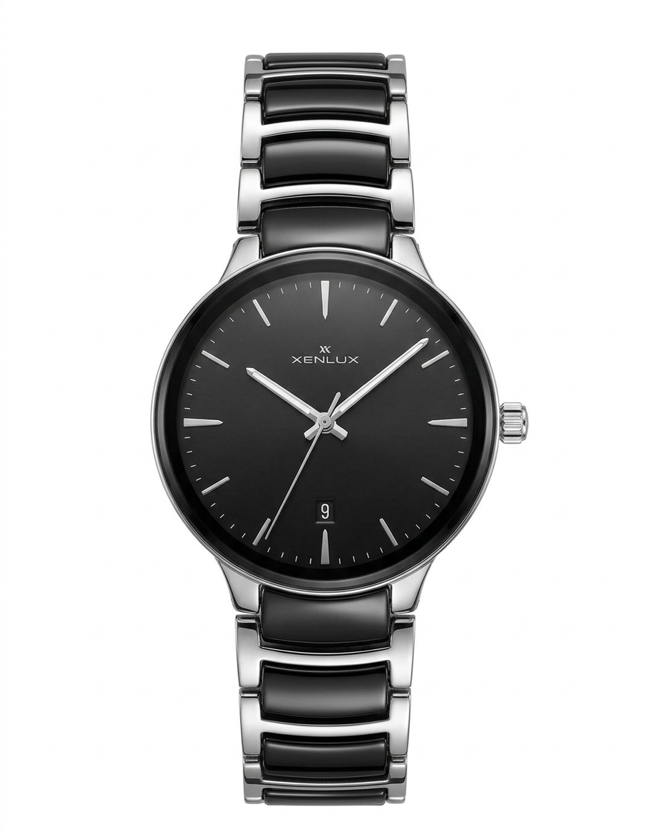 Xenlex Men's Silver Watch with Black Contrast Links and Minimalist Black Dial