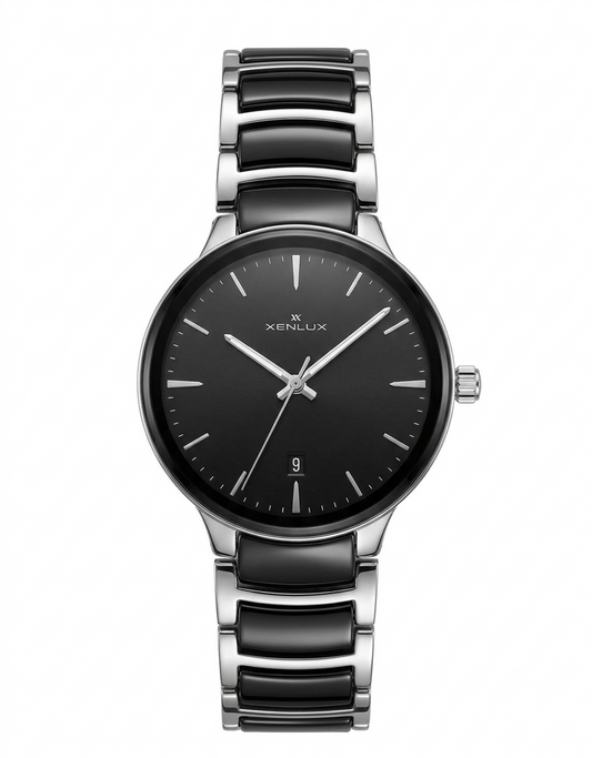 Xenlex Men's Silver Watch with Black Contrast Links and Minimalist Black Dial