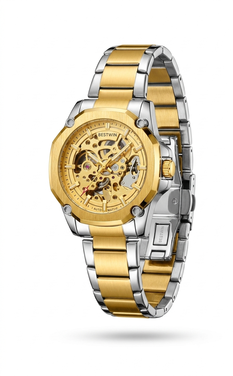 Bestwin Men's Automatic Mechanical Watch – Gold Skeleton Dial, Two-Tone Steel Bracelet