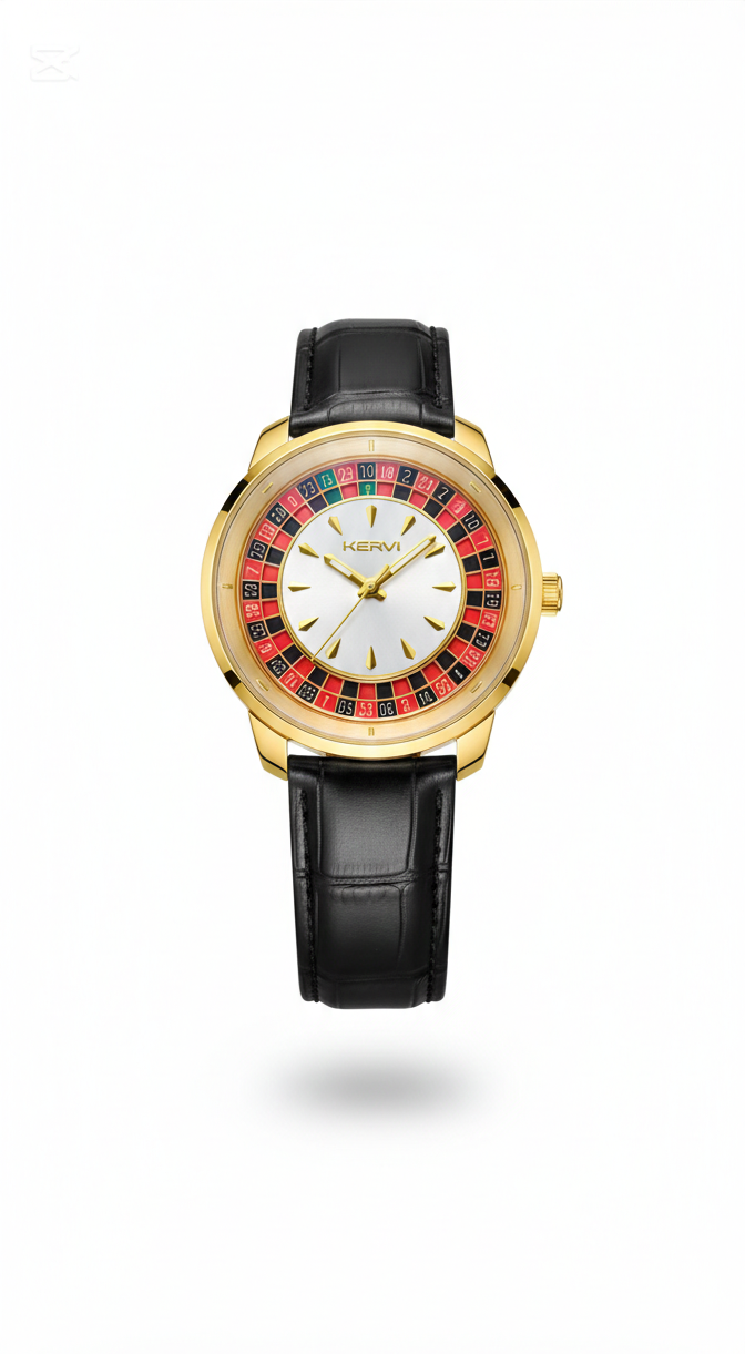 The Statement Piece: Kervi "Casino Royale" Gold-Tone Watch with Black Leather Strap