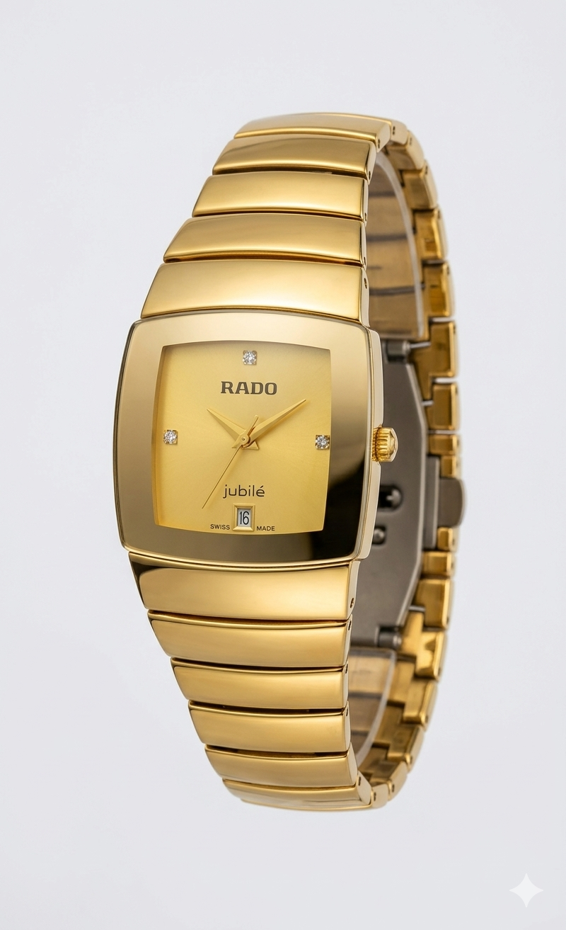 Men's High-Polish Gold Square Watch – Champagne Dial & Diamond Markers