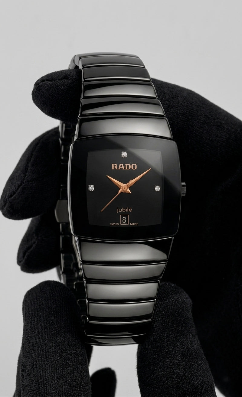 Men's All-Black High-Gloss Watch – Ceramic Look with Diamond Dial