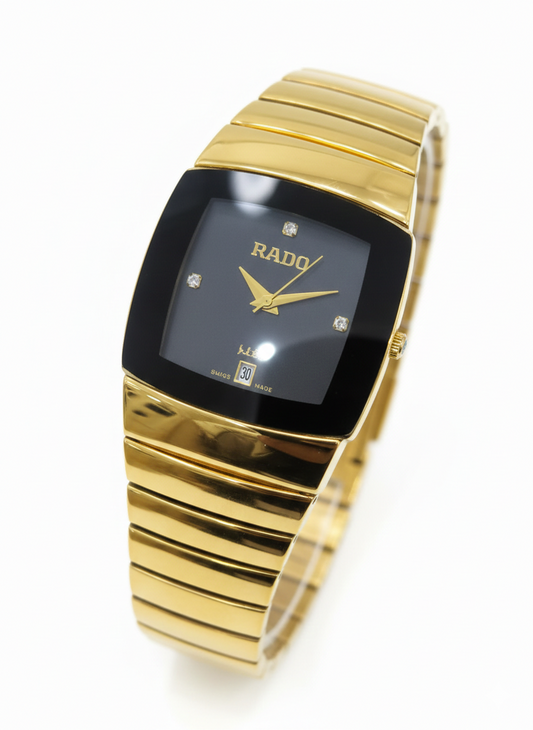 Men's High-Polish Black Border Gold Square Watch – Champagne Dial & Diamond Markers