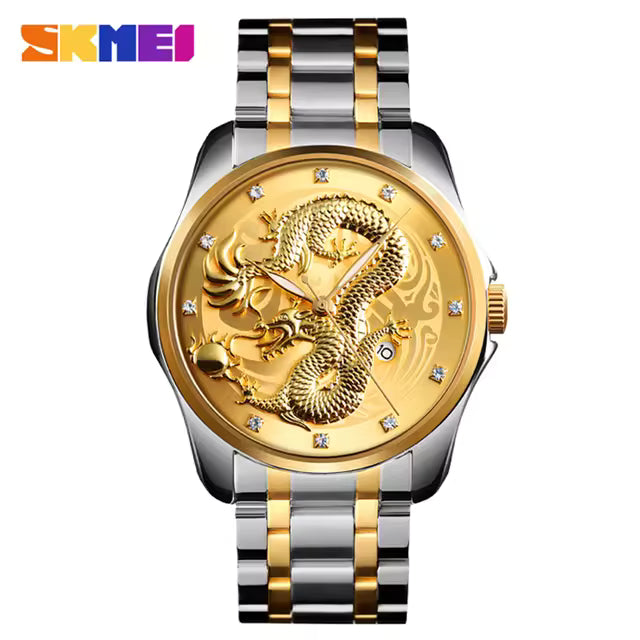 SKM New Luxury Chinese Dragon Pattern Men Golden Quartz Watch Male Watches Waterproof Wristwatches Relogio Masculino
