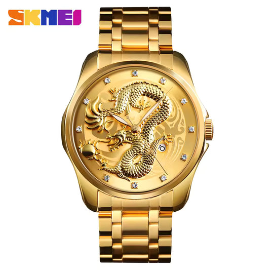 SKM New Luxury Chinese Dragon Pattern Men Golden Quartz Watch Male Watches Waterproof Wristwatches Relogio Masculino