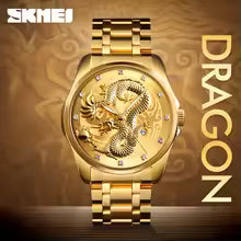 SKM New Luxury Chinese Dragon Pattern Men Golden Quartz Watch Male Watches Waterproof Wristwatches Relogio Masculino