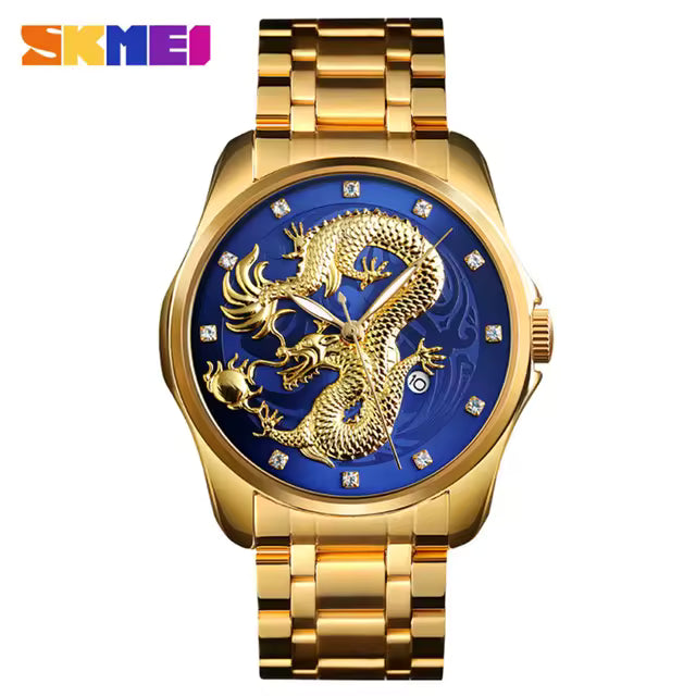 SKM New Luxury Chinese Dragon Pattern Men Golden Quartz Watch Male Watches Waterproof Wristwatches Relogio Masculino
