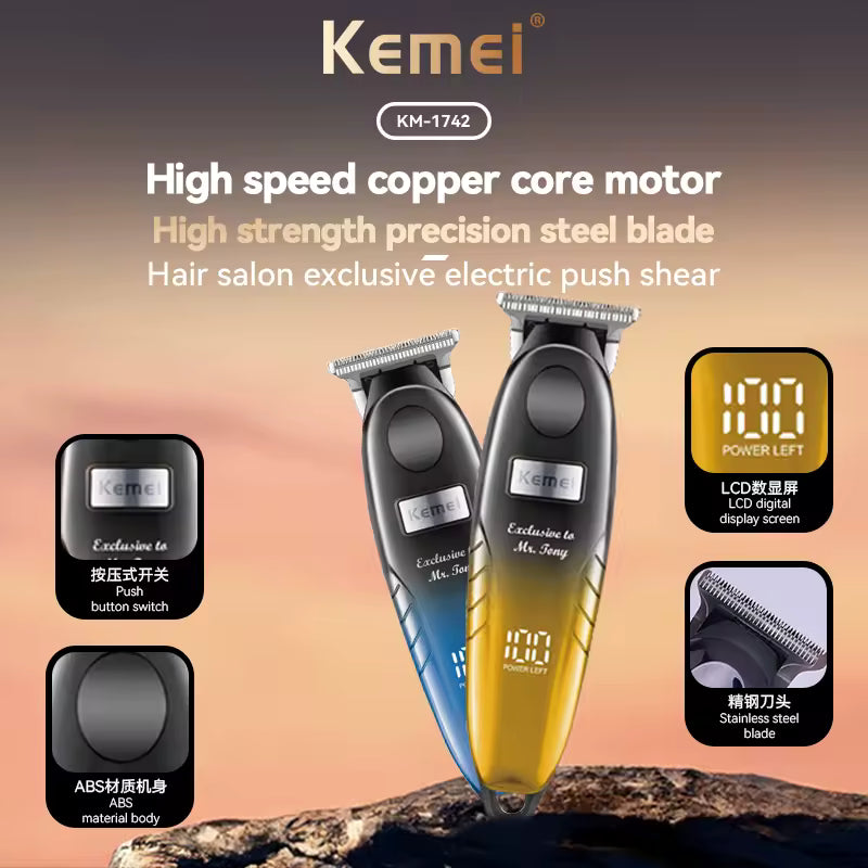Kemei Km-1742 Stainless Steal R-blade Hair Trimmer Super Fashion Design Splicing Color High Speed Motor Hair Clipper with Hook