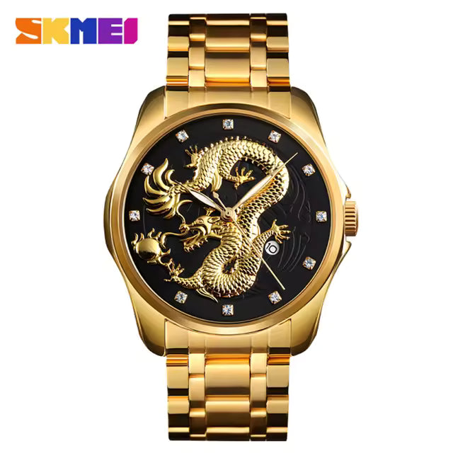 SKM New Luxury Chinese Dragon Pattern Men Golden Quartz Watch Male Watches Waterproof Wristwatches Relogio Masculino