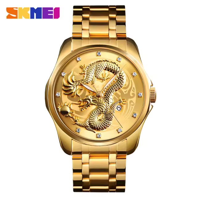 SKM New Luxury Chinese Dragon Pattern Men Golden Quartz Watch Male Watches Waterproof Wristwatches Relogio Masculino