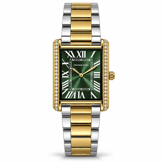 Universe Point Rectangular Quartz Watch with Crystal Flanks & Roman Numeral Dial Green/Dual Tone