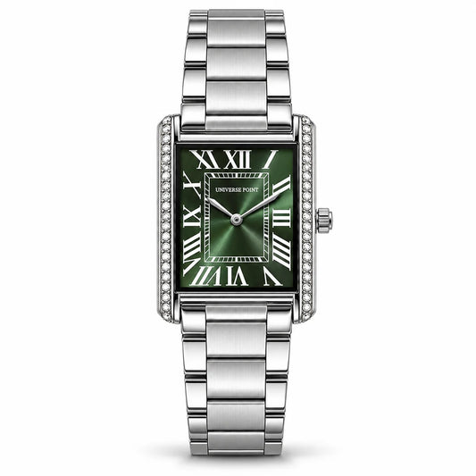 Universe Point Rectangular Quartz Watch with Crystal Flanks & Roman Numeral Dial Silver/Green