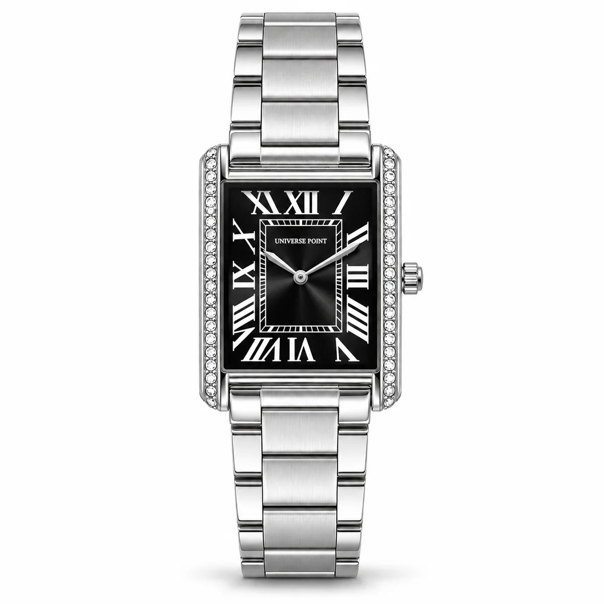 Universe Point Rectangular Quartz Watch with Crystal Flanks & Roman Numeral Dial Silver/Black