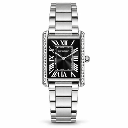 Universe Point Rectangular Quartz Watch with Crystal Flanks & Roman Numeral Dial Silver/Black