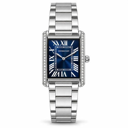 Universe Point Rectangular Quartz Watch with Crystal Flanks & Roman Numeral Dial Silver/Blue