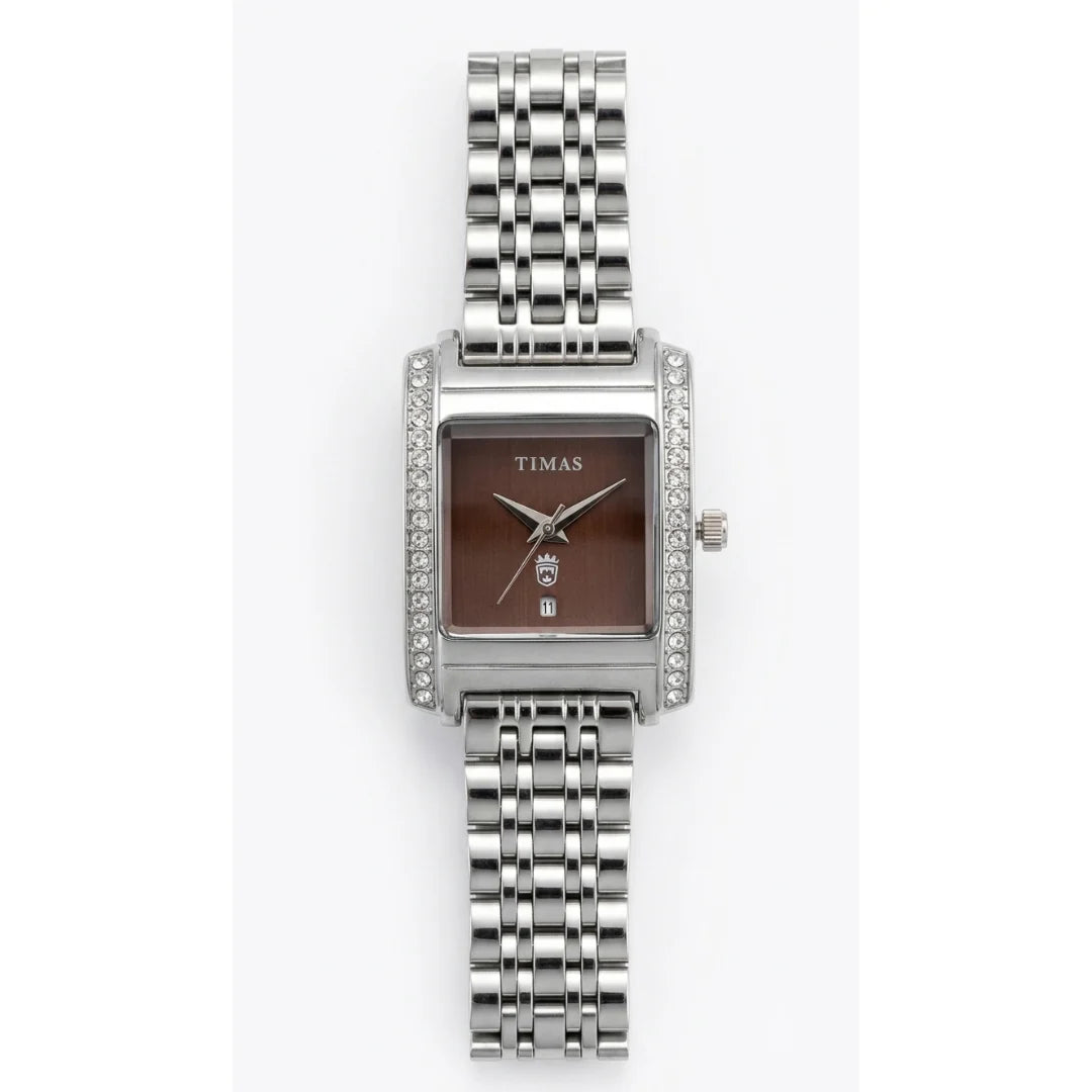 Ladies Rectangular Luxury Edition | Crystal-Paved Bezel Stainless Steel Women's Quartz Watch (AWTL-00274)