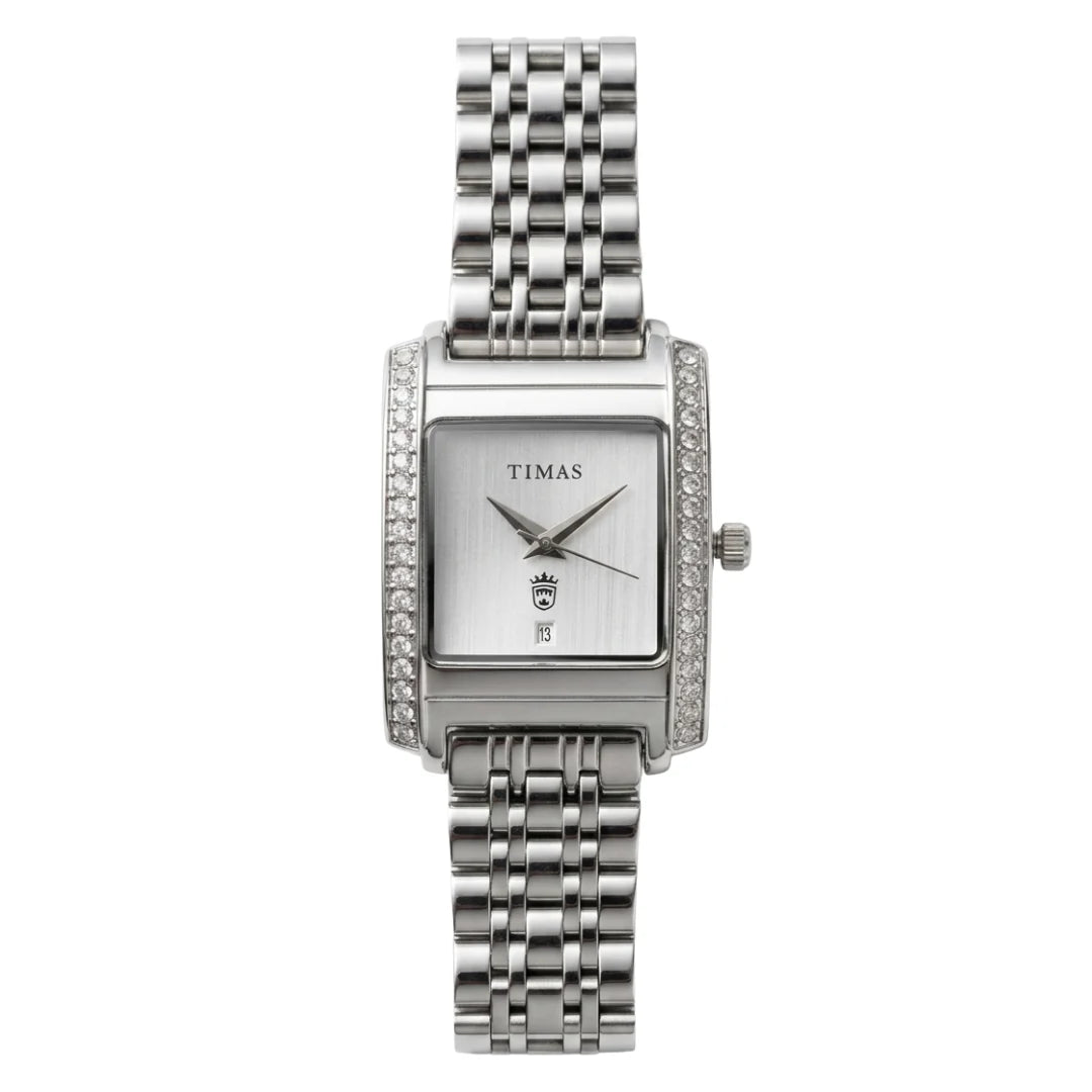 Ladies Rectangular Luxury Edition | Crystal-Paved Bezel Stainless Steel Women's Quartz Watch (AWTL-00274)