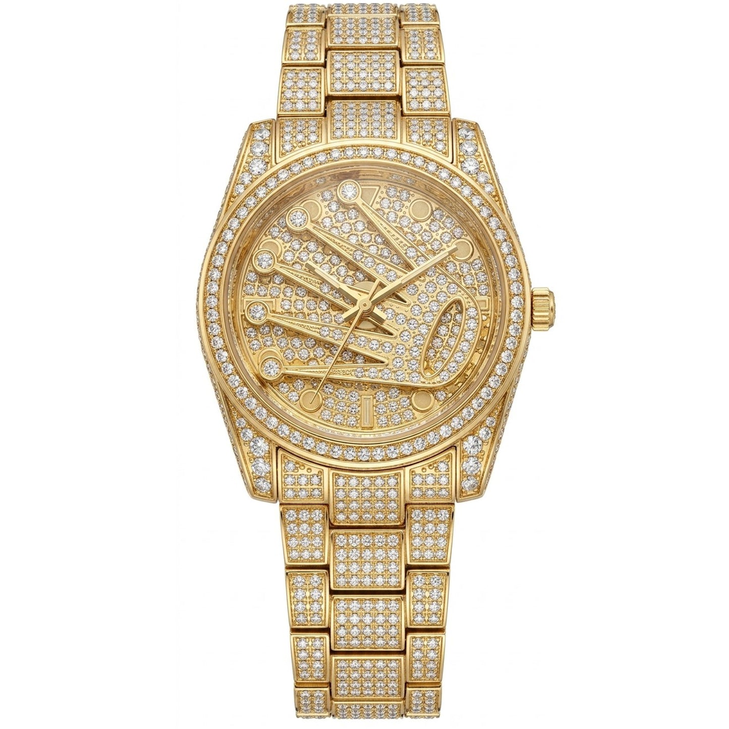 Golden Iced Out Diamond Watch for Men – Rotating Crown Round Dial Chain Bracelet Watch