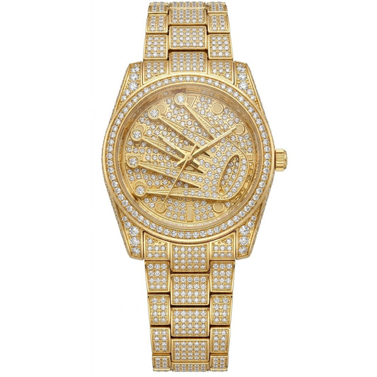 Golden Iced Out Diamond Watch for Men – Rotating Crown Round Dial Chain Bracelet Watch