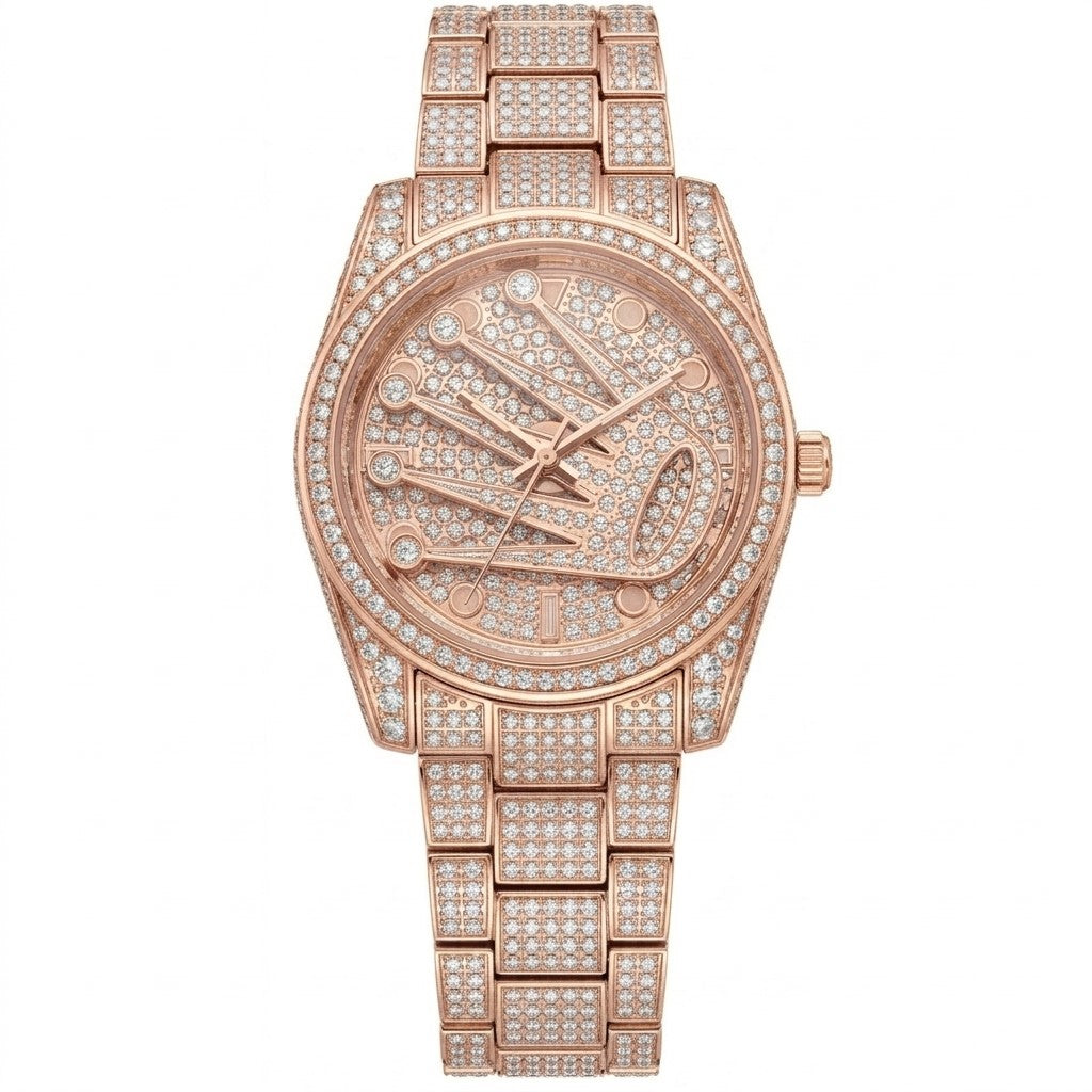 Rose-Gold Iced Out Diamond Watch for Men – Rotating Crown Round Dial Chain Bracelet Watch