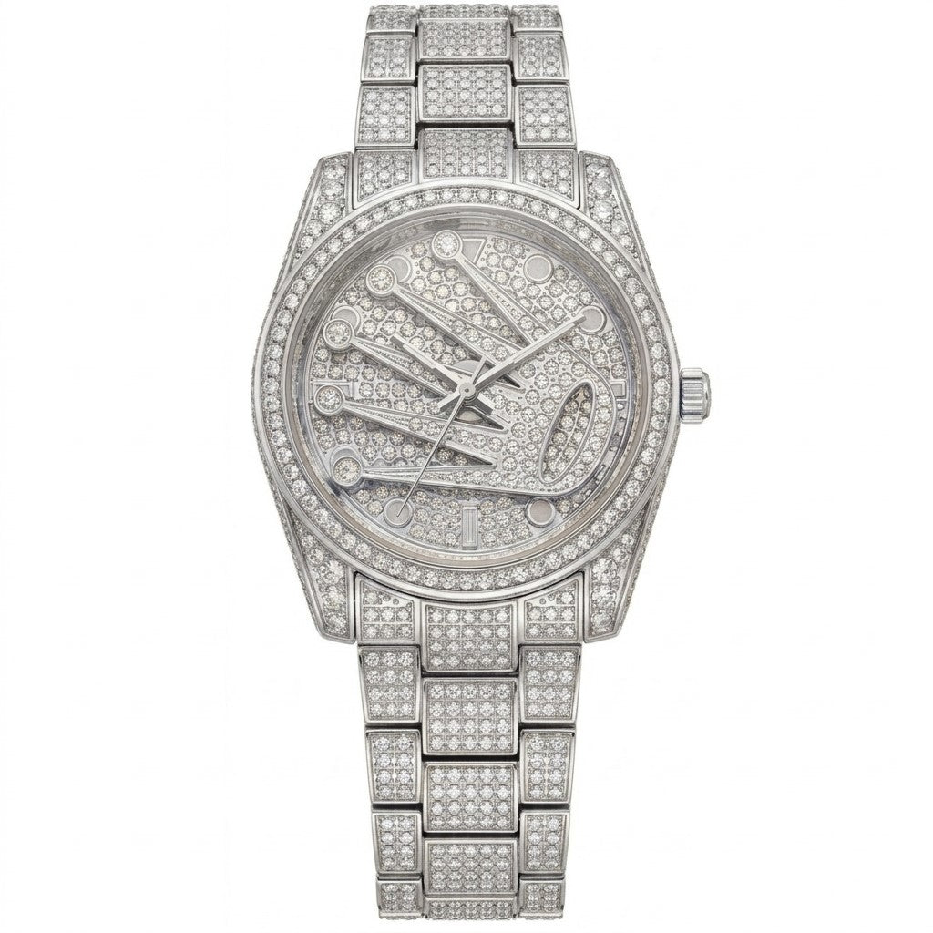 Silver Iced Out Diamond Watch for Men – Rotating Crown Round Dial Chain Bracelet Watch