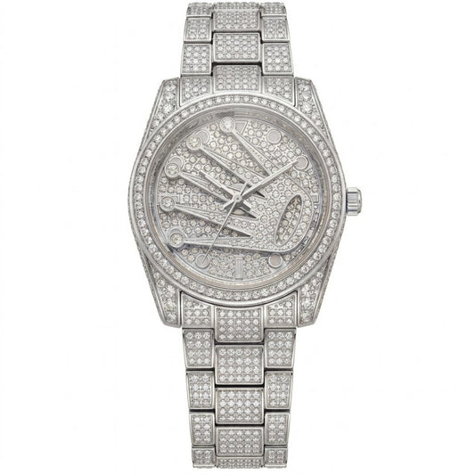 Silver Iced Out Diamond Watch for Men – Rotating Crown Round Dial Chain Bracelet Watch