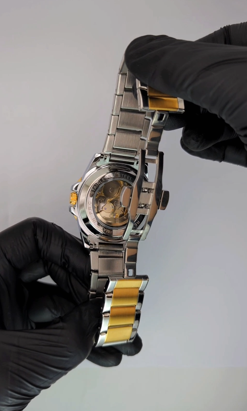 Bestwin Men's Automatic Mechanical Watch – Gold Skeleton Dial, Two-Tone Steel Bracelet