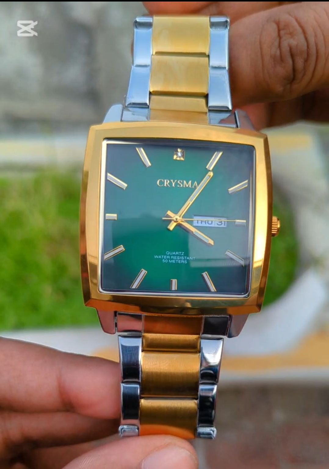 PREMIUM Square Dial Men Fashionable Chain Watch in DUAL TONE Green Dial