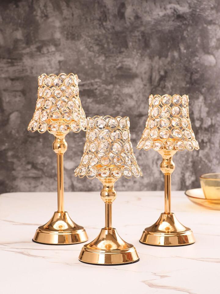 1pc Golden Crystal Candle Holder, Candlestick for Table Centerpiece Wedding Birthday Party Home Decor Christmas Gift