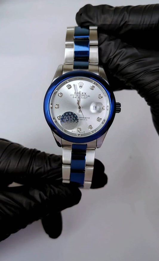 Stainless Steel & Diamond Dial Chain Watch for Men (Blue)