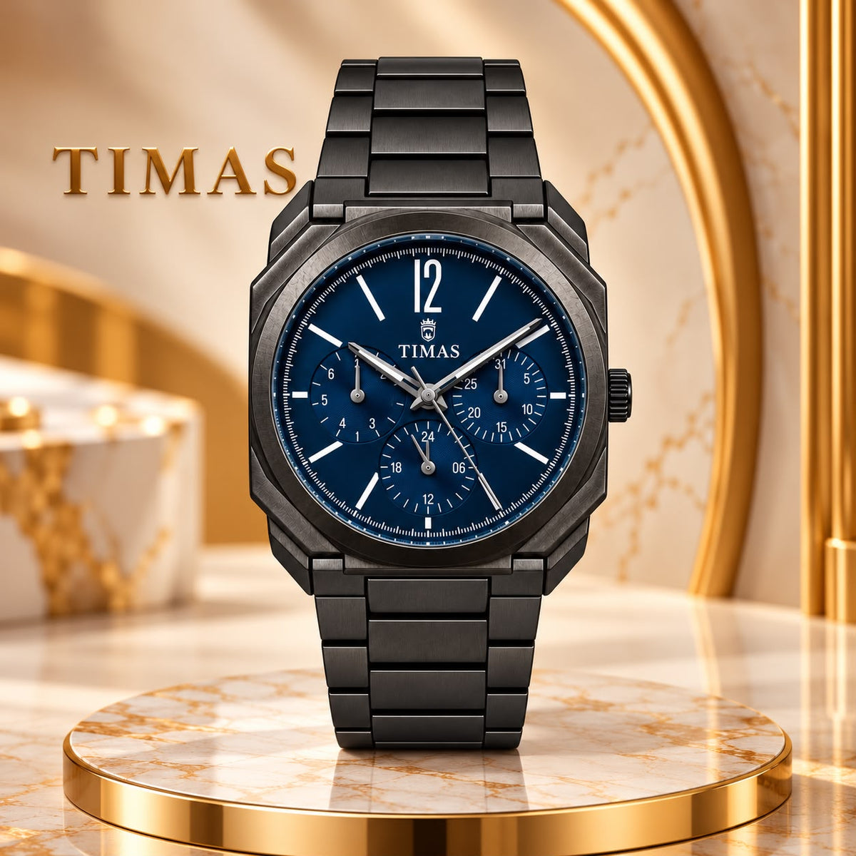 Aurelian - Timas Chronograph Men’s Watch – Octagonal Case, Champagne Dial, Stainless Steel Bracelet Blue/Black