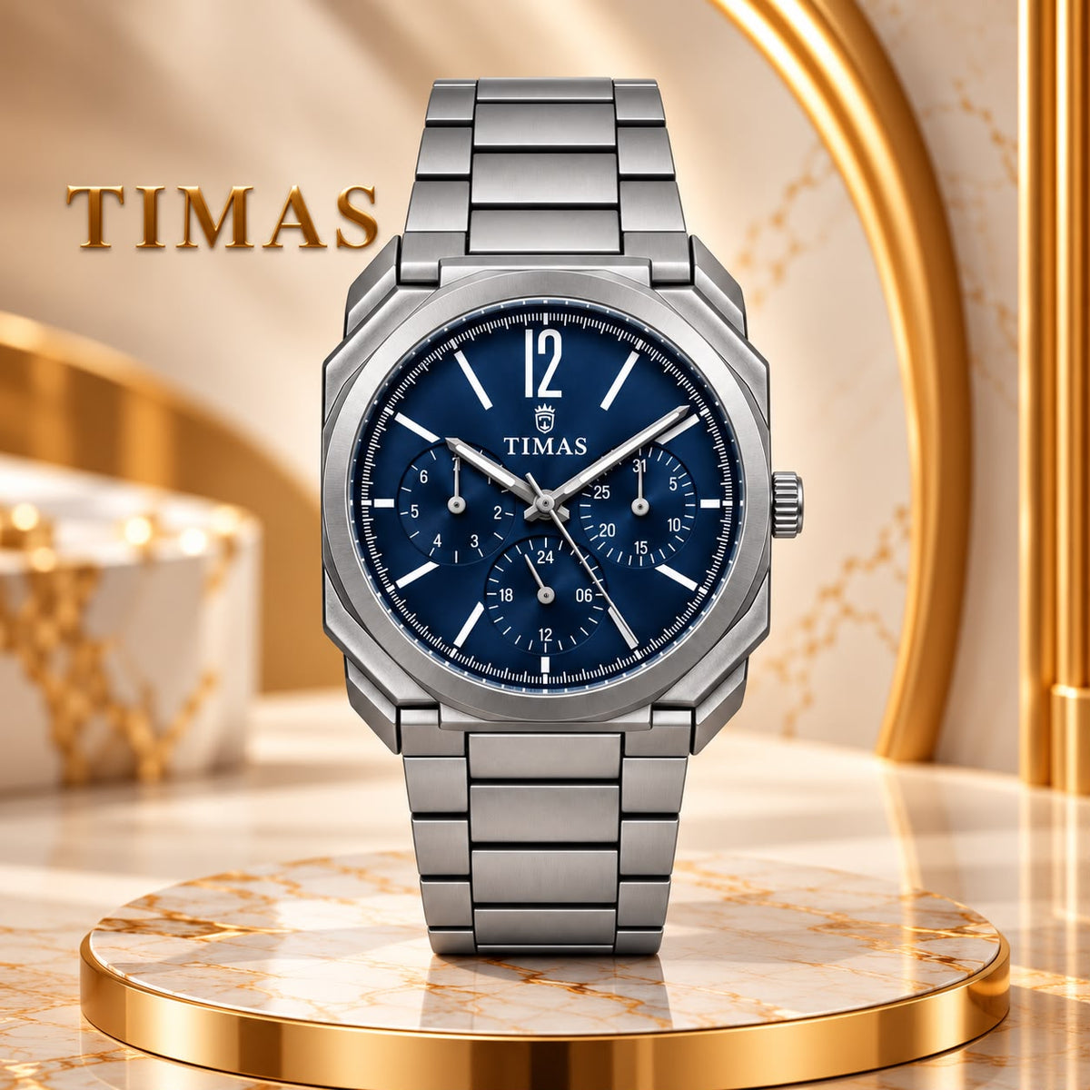 Aurelian - Timas Chronograph Men’s Watch – Octagonal Case, Champagne Dial, Stainless Steel Bracelet Blue/Silver
