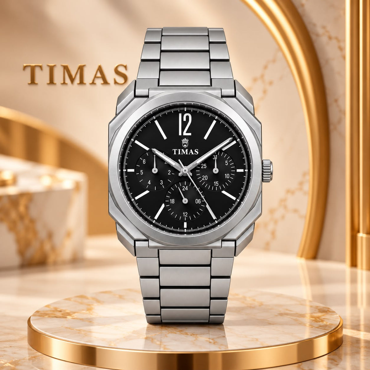 Aurelian - Timas Chronograph Men’s Watch – Octagonal Case, Champagne Dial, Stainless Steel Bracelet Black/Silver