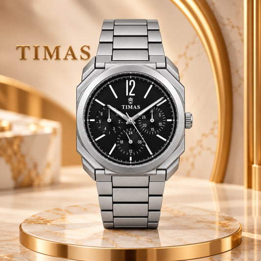 Aurelian - Timas Chronograph Men’s Watch – Octagonal Case, Champagne Dial, Stainless Steel Bracelet Black/Silver
