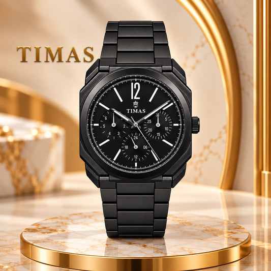 Aurelian - Timas Chronograph Men’s Watch – Octagonal Case, Champagne Dial, Stainless Steel Bracelet Full Black