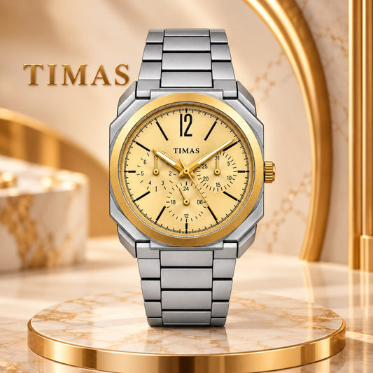 Aurelian - Timas Chronograph Men’s Watch – Octagonal Case, Champagne Dial, Stainless Steel Bracelet Gold/Silver