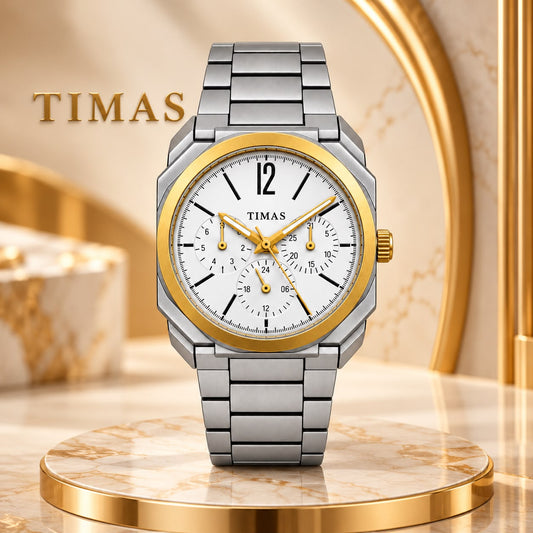 Aurelian - Timas Chronograph Men’s Watch – Octagonal Case, Champagne Dial, Stainless Steel Bracelet White/Silver