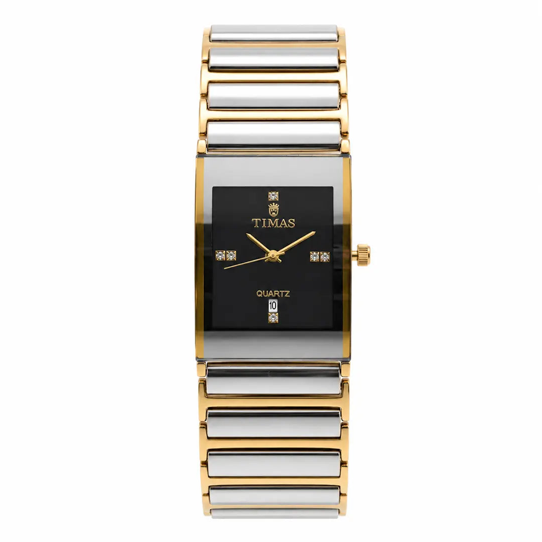 Timas Luxe Ceramic Series (Quartz) | Premium Minimalist Square Watch with Diamond-Cut Accents Black Dial Dual Tone