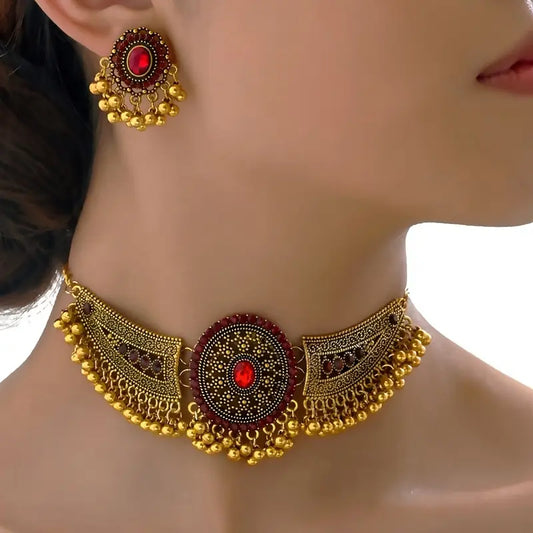 ANKAAARA"S Bollywood Style 1 Pair Of Earrings + 1 Choker Vintage Jewelry Set Tribal Design 14k Gold Plated Inlaid Rhinestone Red Or Blue Make Your Call Match Daily Outfits