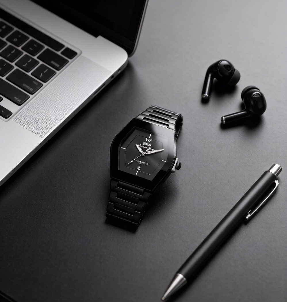 The Midnight Geometric: All-Black Men’s Timepiece