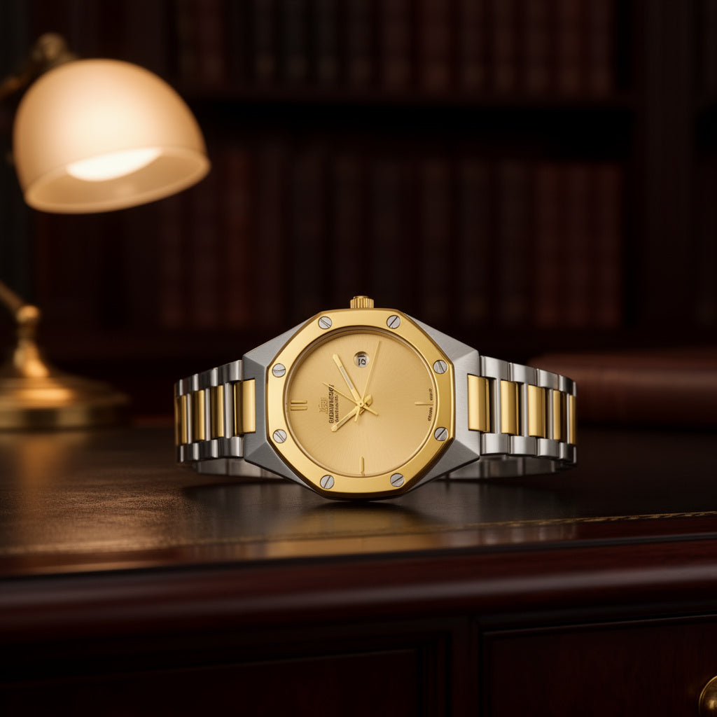Premium Luxury Two-Tone Gold & Silver Men’s Watch – Classic Royal Design with Date Display
