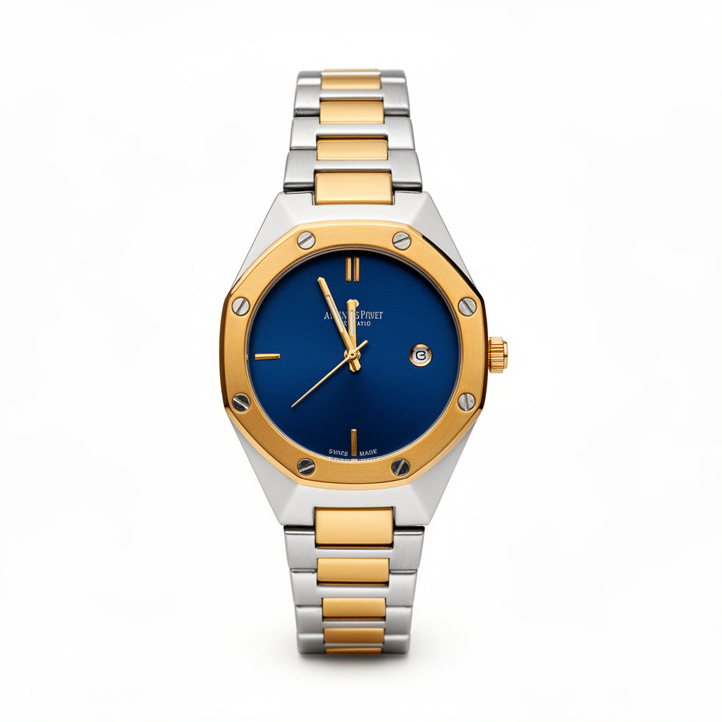 Premium Luxury  Blue Dial Two-Tone Gold & Silver Men’s  Watch – Classic Royal Design with Date Display