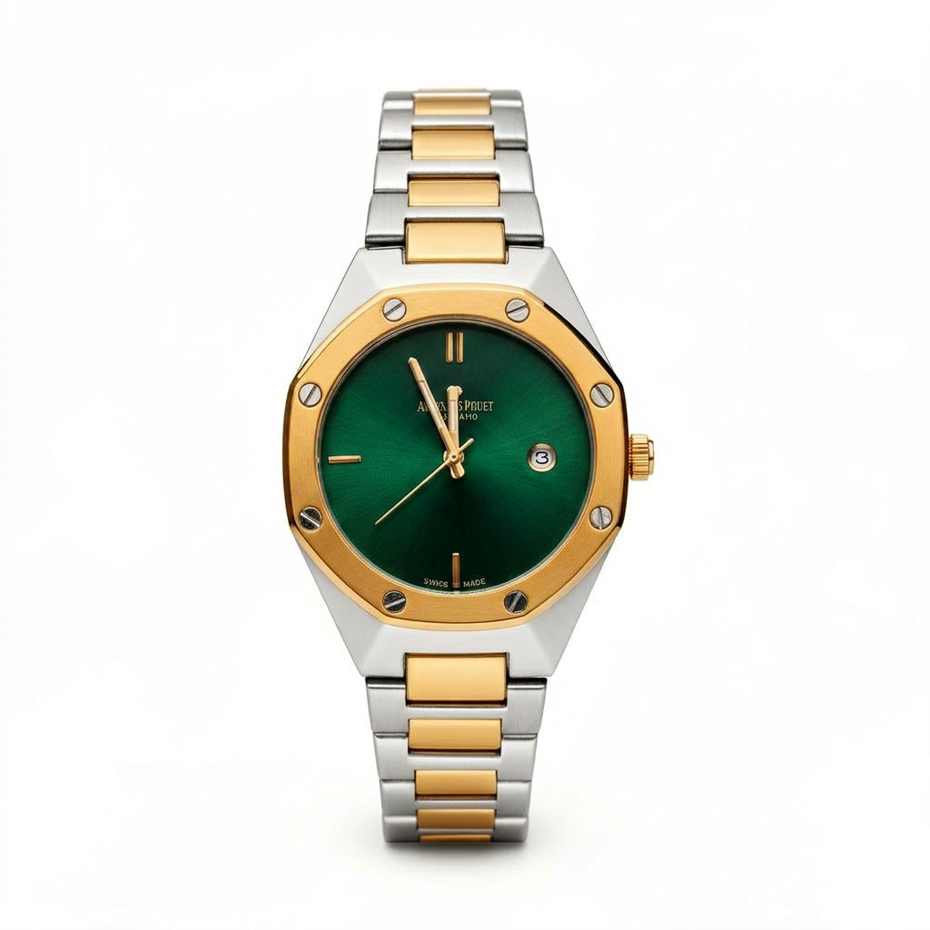 Premium Luxury Two-Tone Emerald Green Dial Gold & Silver Men’s Watch – Classic Royal Design with Date Display