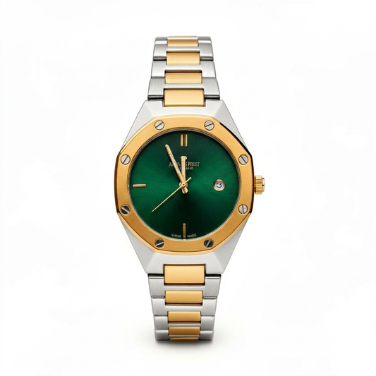 Premium Luxury Two-Tone Emerald Green Dial Gold & Silver Men’s Watch – Classic Royal Design with Date Display
