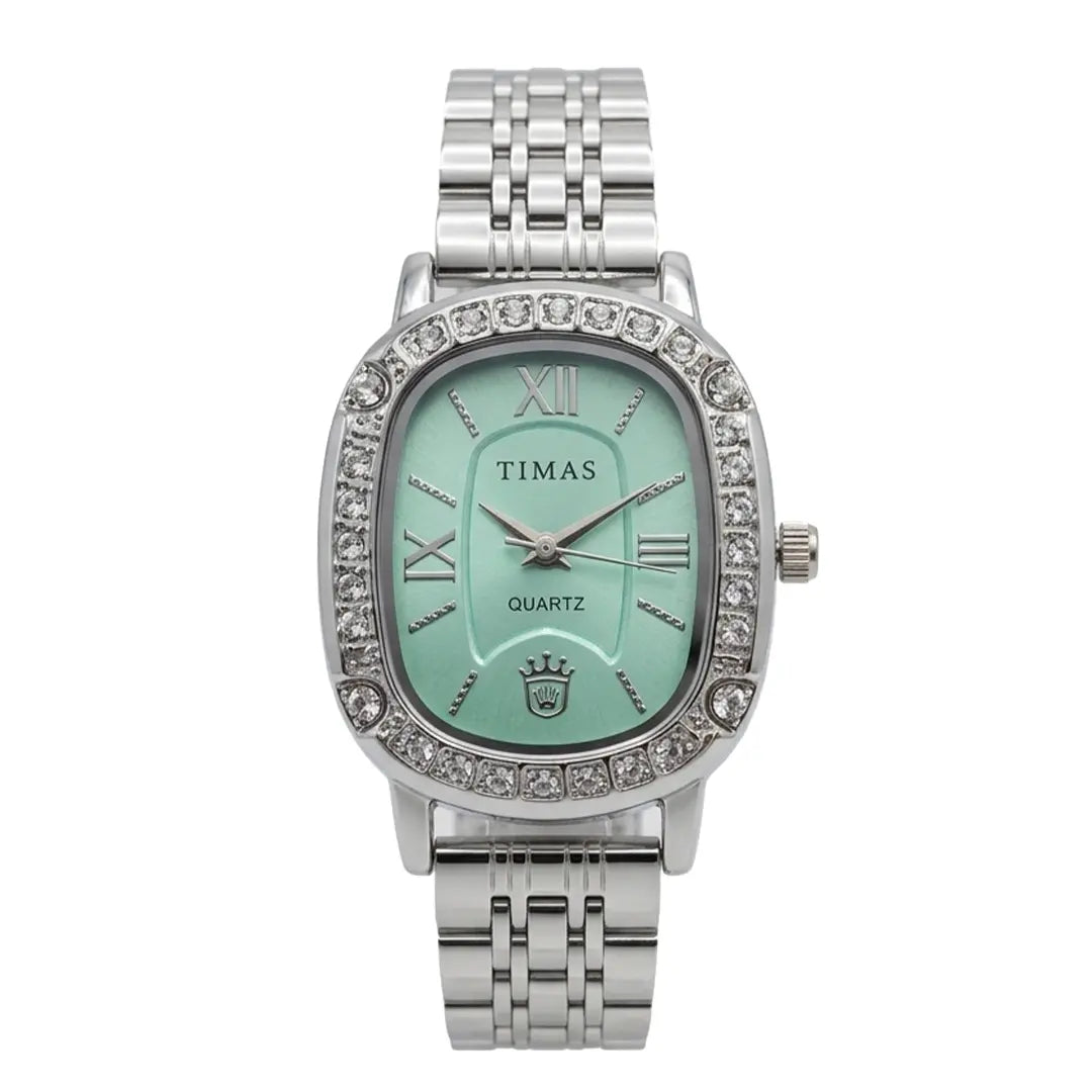TIMAS Oval Greek Key Bezel Edition | Roman Numeral Metallic Bracelet Quartz Watch