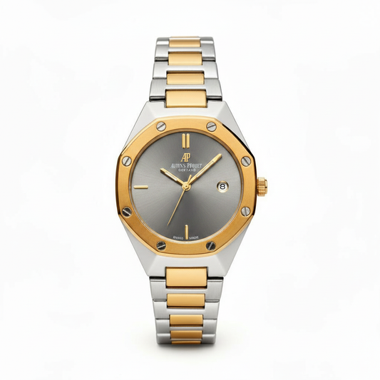 Premium Luxury Two-Tone Grey Dial Gold & Silver Men’s Watch – Classic Royal Design with Date Display