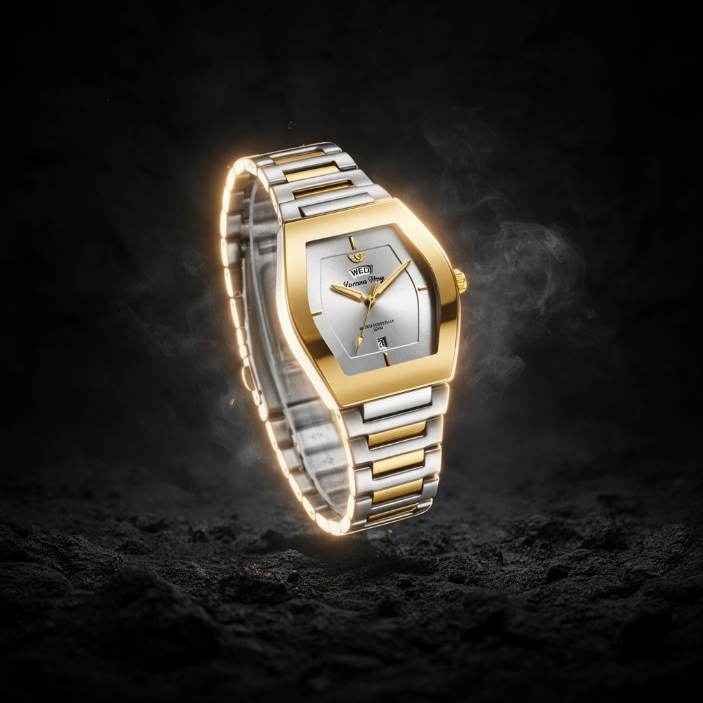 Success Way Azure: Gold & Steel Hexagonal Luxury Watch