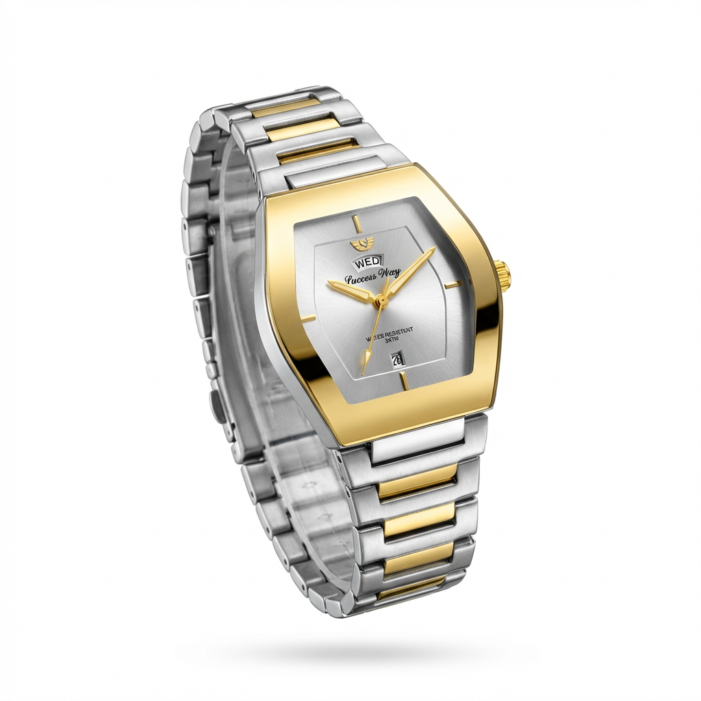 Success Way Azure: Gold & Steel Hexagonal Luxury Watch